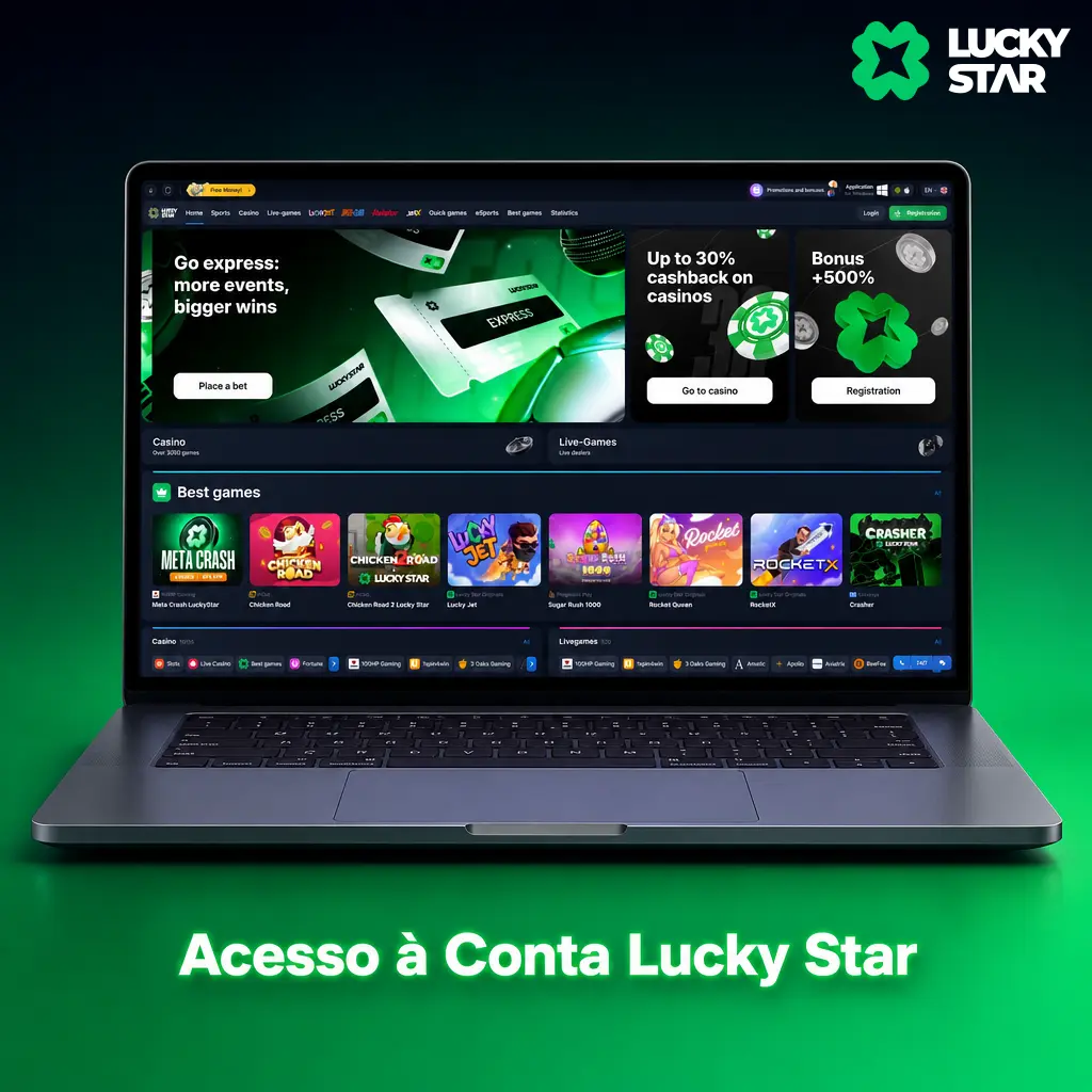 Tela de login da Lucky Star com campos para CPF ou e-mail e senha de acesso à conta