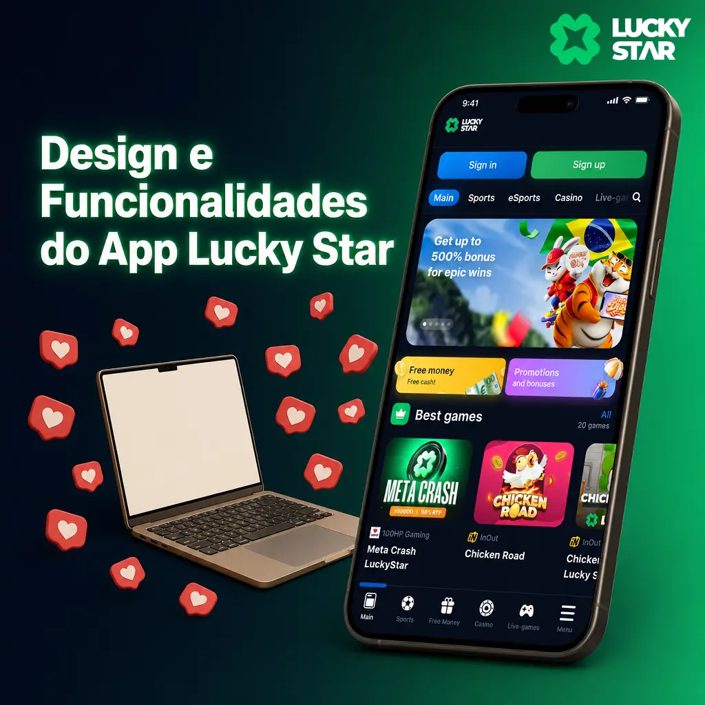 Design do app Lucky Star com fundo azul, detalhes em verde, apostas ao vivo, cassino e navegação por menu inferior.