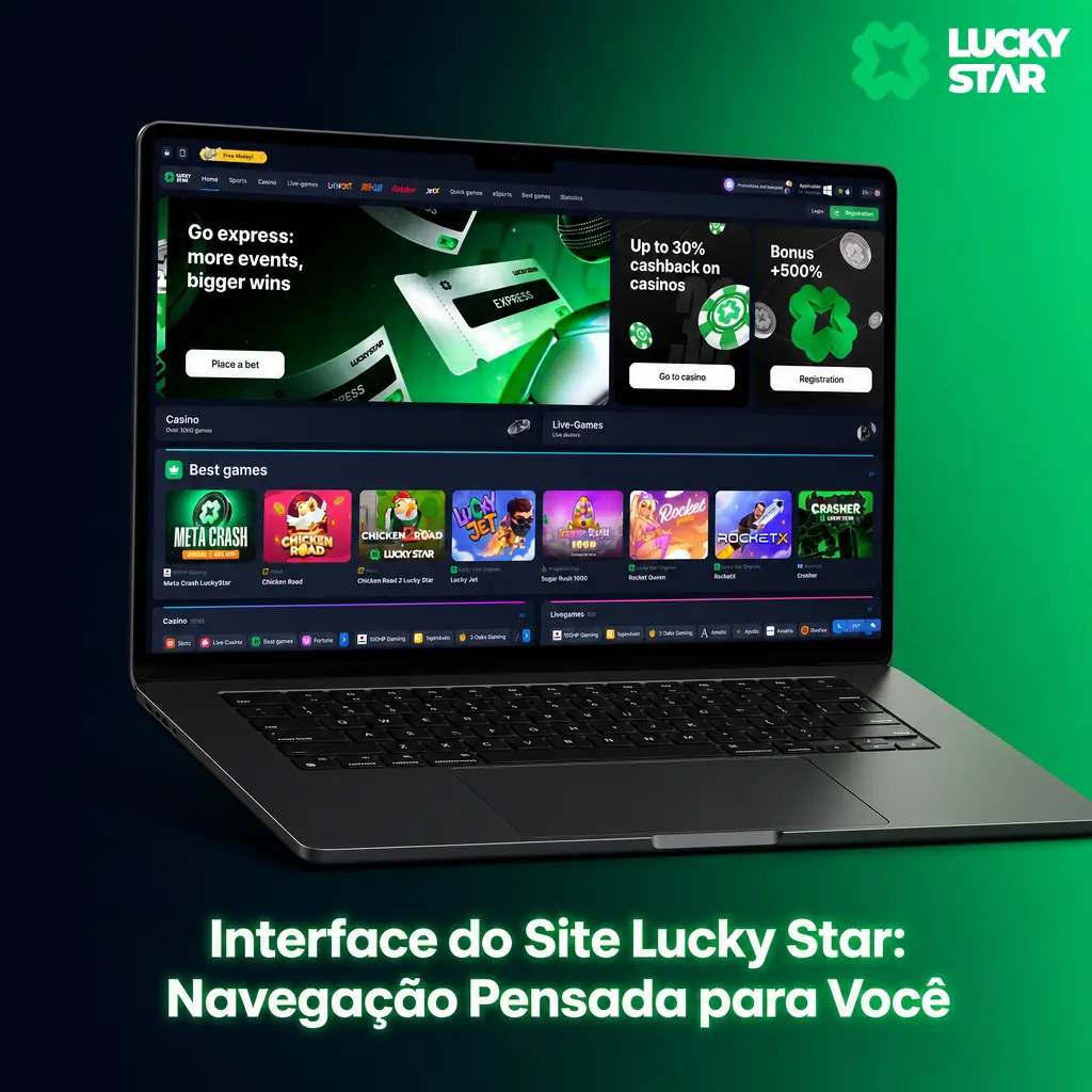 Interface escura do site Lucky Star com detalhes em verde, menu superior e botões de depósito e login visíveis