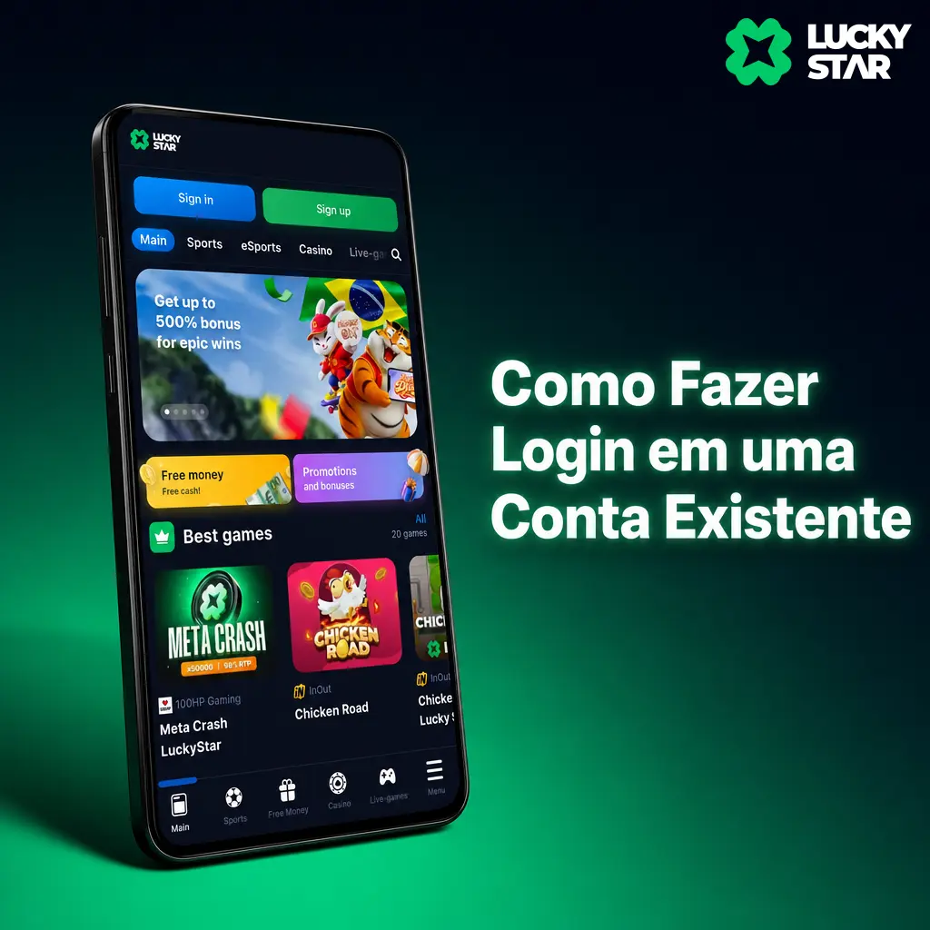 Tela de login do aplicativo mostrando acesso rápido à conta existente com saldo e histórico de apostas visíveis.
