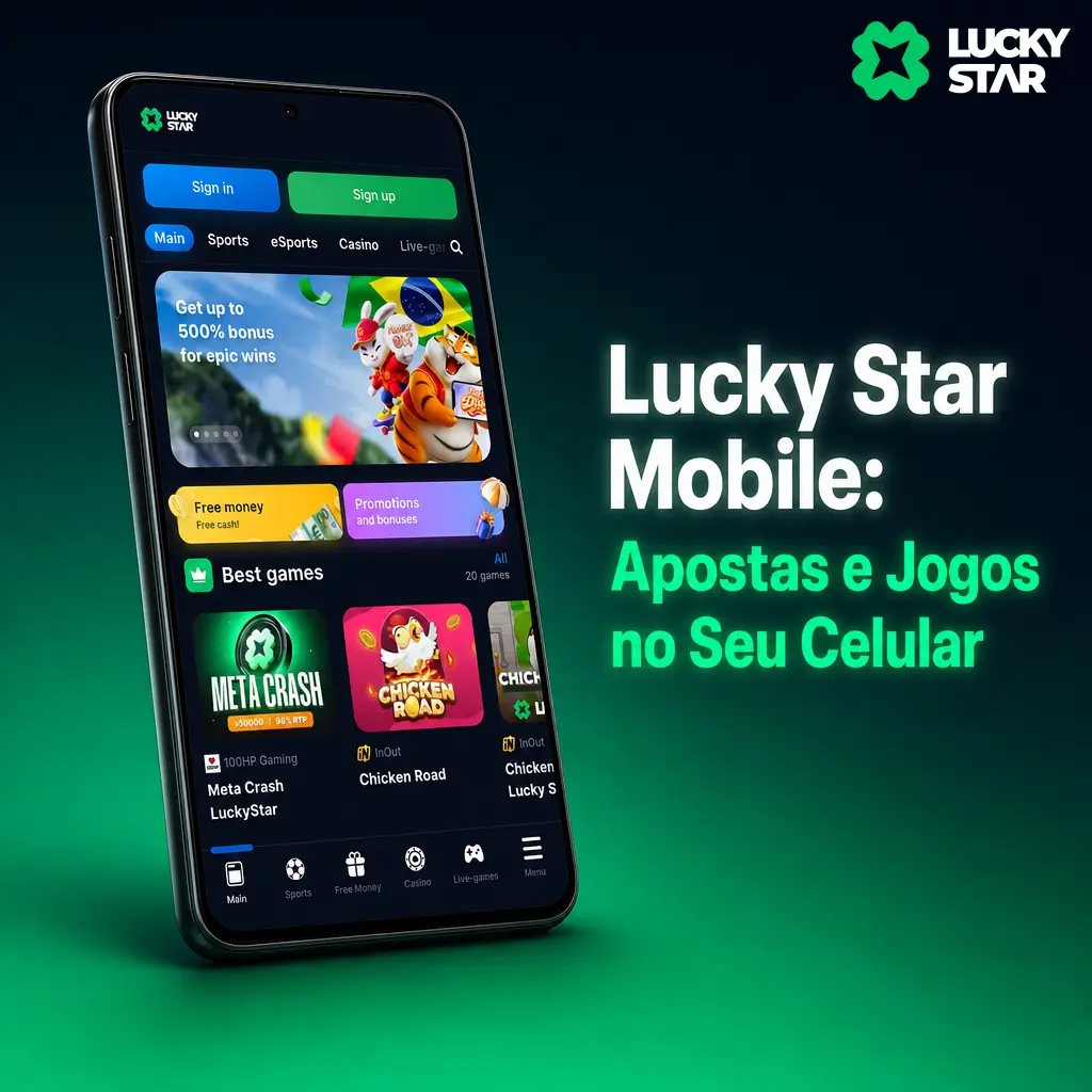 Aplicativo Lucky Star Mobile para apostas e jogos, com download de APK para Android e PWA para iOS.