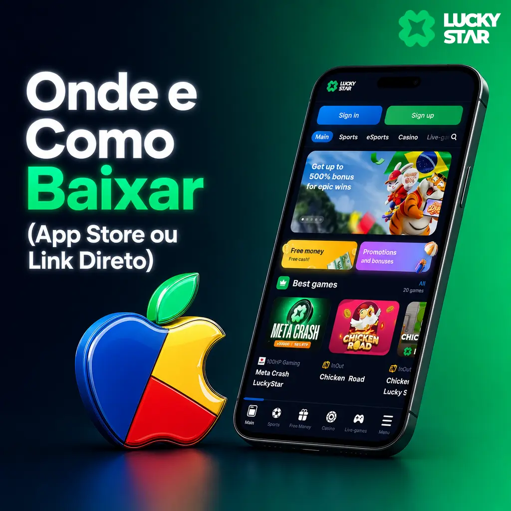 Tela mostrando como baixar o app Lucky Star para iOS pela App Store ou via Web App no Safari