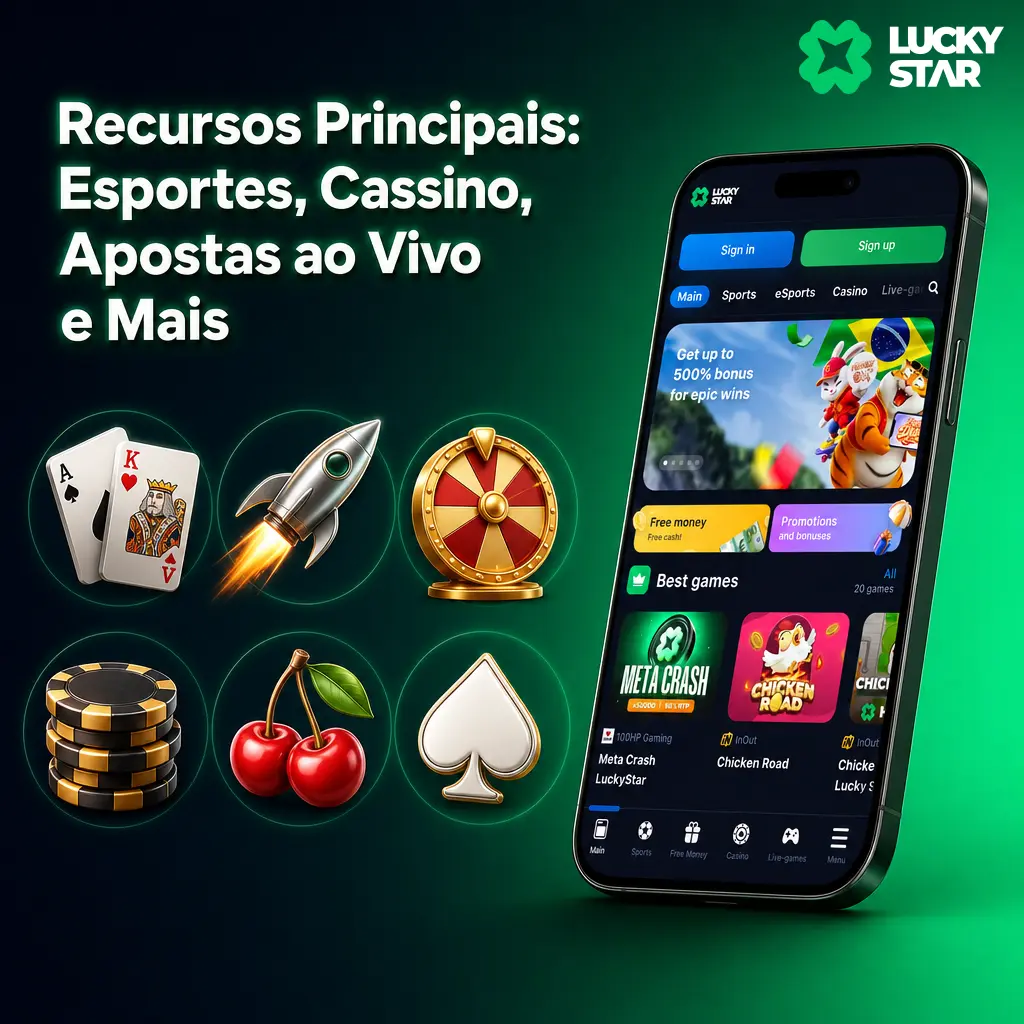 App Lucky Star: apostas esportivas, ao vivo, cassino, caça-níqueis e suporte via chat, tudo direto no celular.
