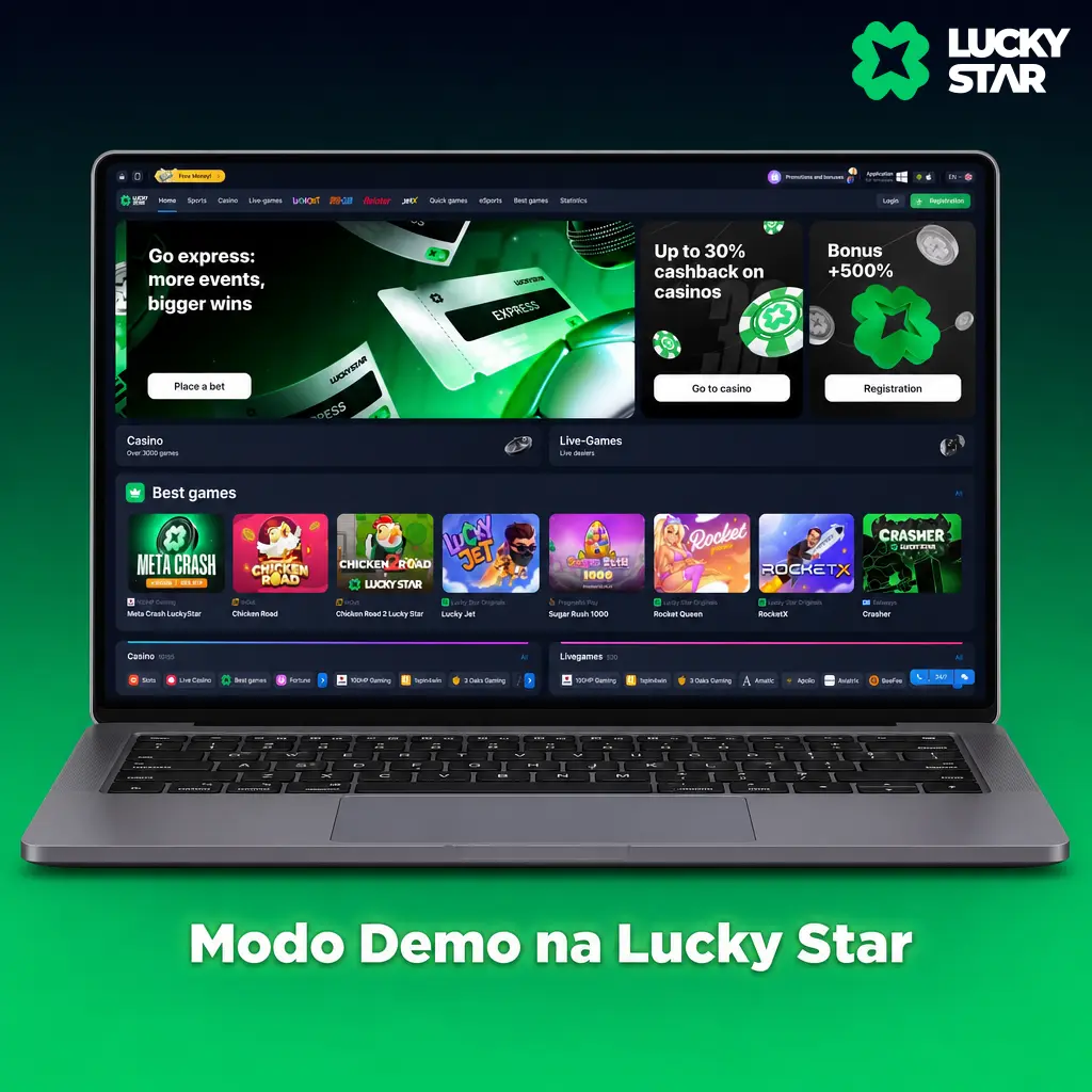 Modo demo na Lucky Star permite testar caça-níqueis e Fast Games com créditos virtuais, sem conta nem depósito.
