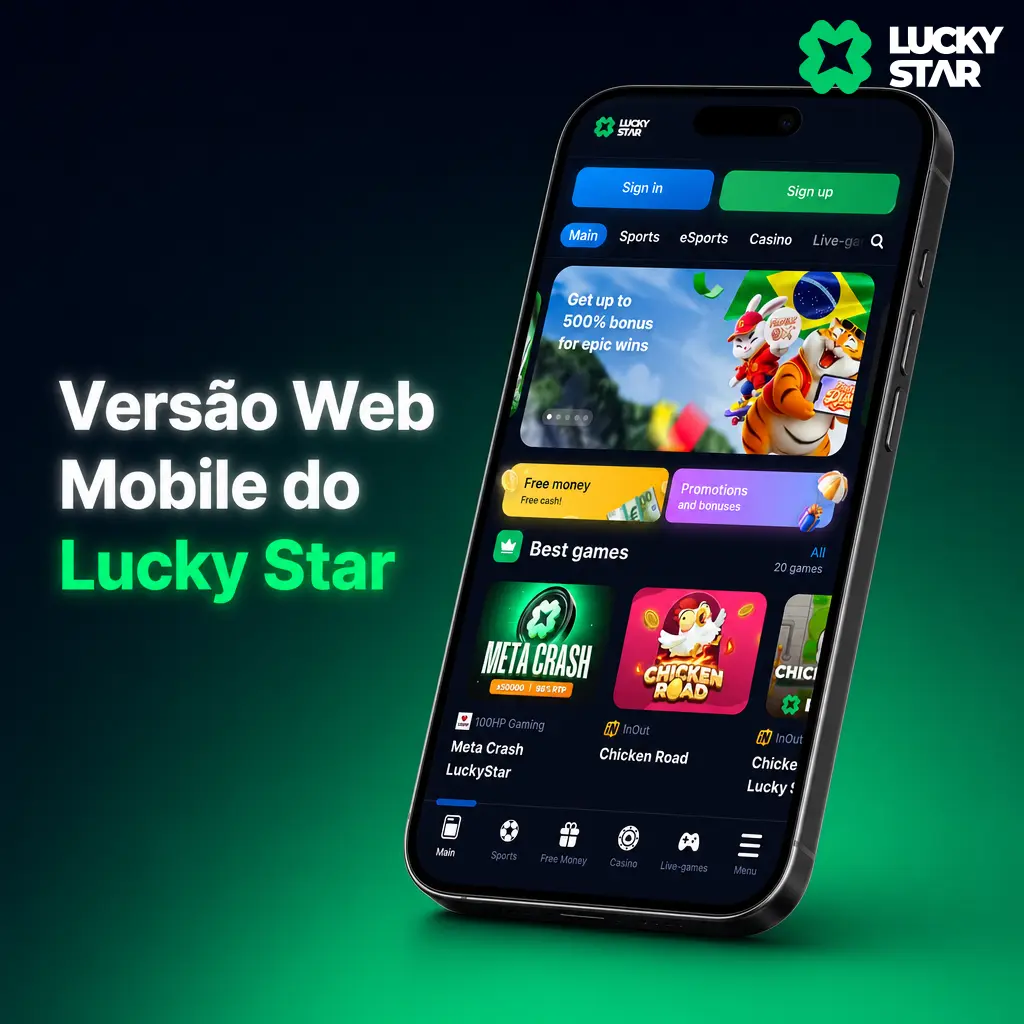 Versão web mobile do Lucky Star em navegador, com apostas esportivas e cassino sem instalar aplicativo